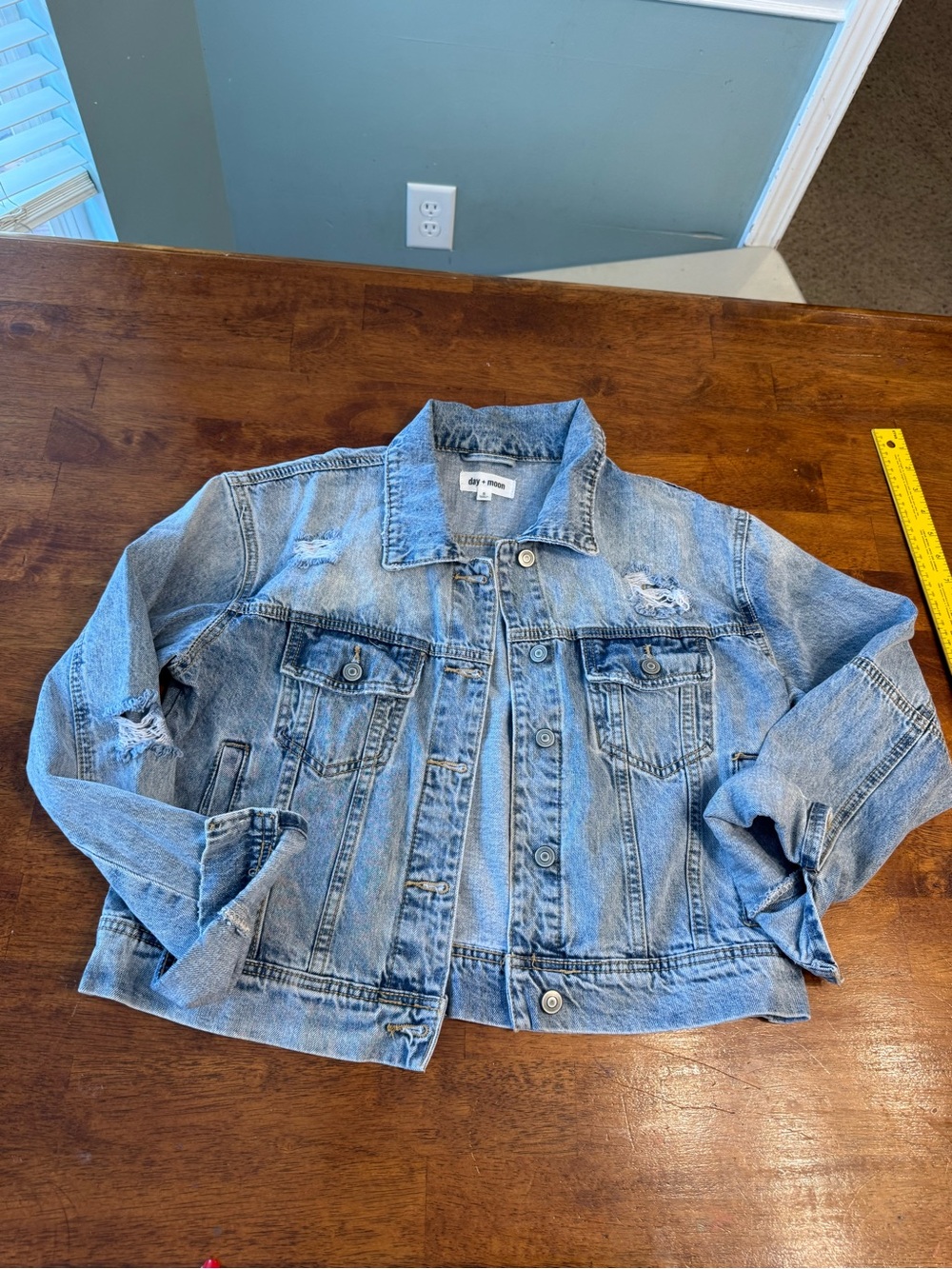 Day + Moon Distressed Denim Trucker Jacket Light Wash Size Small